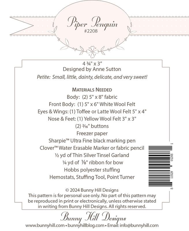 Piper Penguin Pattern for stuffie by Bunny Hill Designs