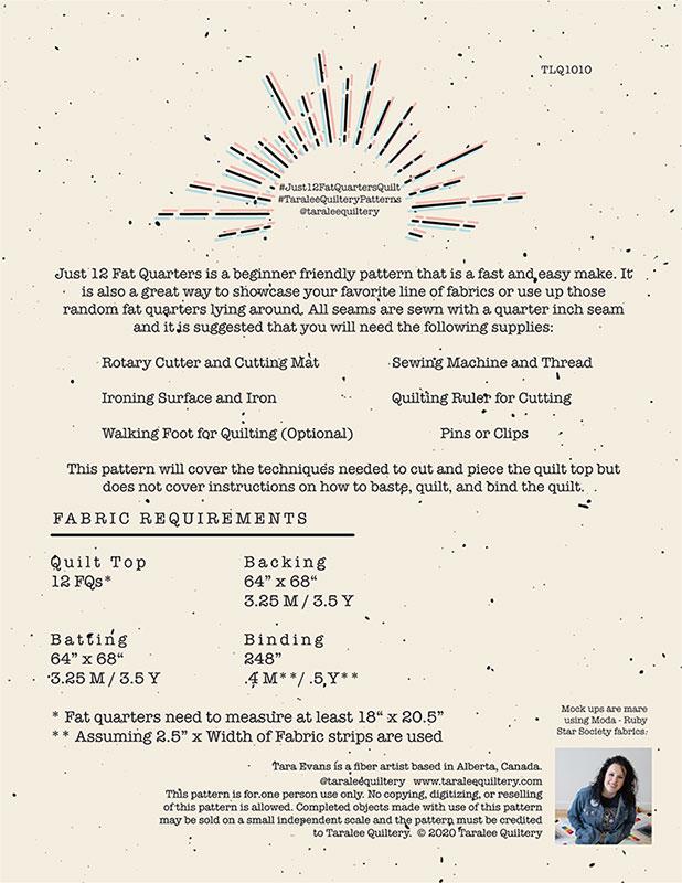 Just 12 Fat Quarters Pattern Precut Friendly by Taralee Quiltery